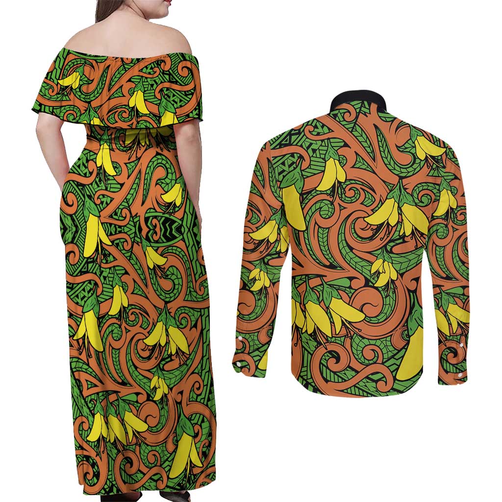 New Zealand Kowhai Flowers Couples Matching Off Shoulder Maxi Dress and Long Sleeve Button Shirt Maori Koru Pattern LT03 - Polynesian Pride