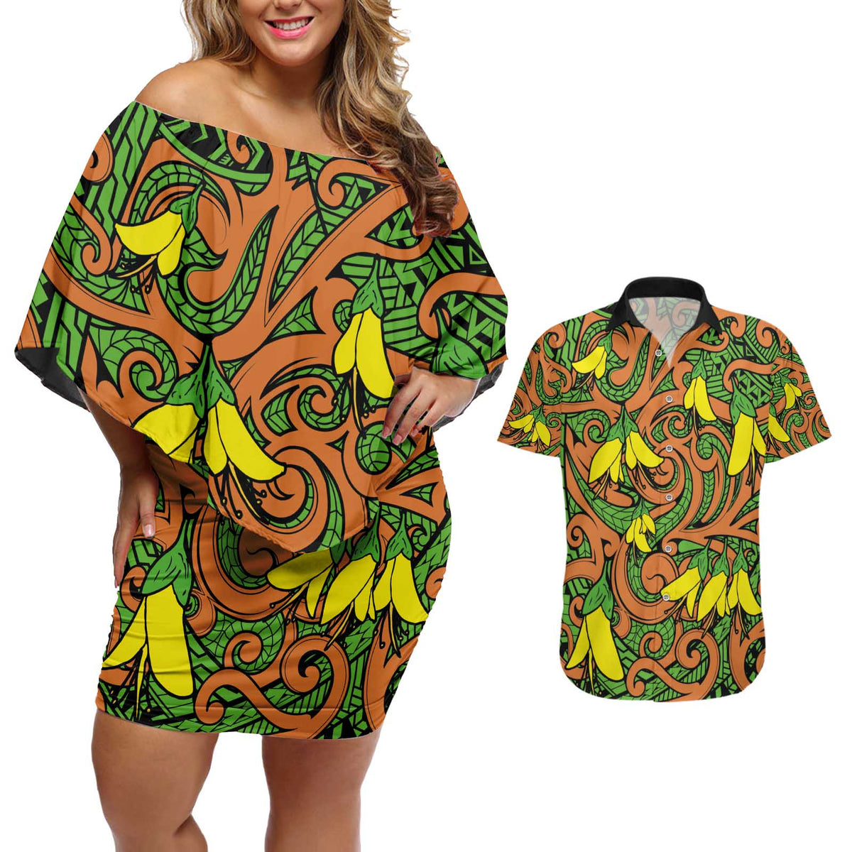 New Zealand Kowhai Flowers Couples Matching Off Shoulder Short Dress and Hawaiian Shirt Maori Koru Pattern LT03 Orange - Polynesian Pride