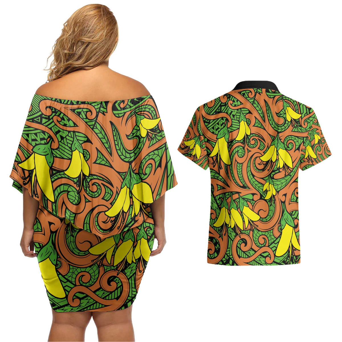 New Zealand Kowhai Flowers Couples Matching Off Shoulder Short Dress and Hawaiian Shirt Maori Koru Pattern LT03 - Polynesian Pride