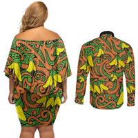 New Zealand Kowhai Flowers Couples Matching Off Shoulder Short Dress and Long Sleeve Button Shirt Maori Koru Pattern LT03 - Polynesian Pride