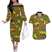 New Zealand Kowhai Flowers Couples Matching Off The Shoulder Long Sleeve Dress and Hawaiian Shirt Maori Koru Pattern LT03 Orange - Polynesian Pride