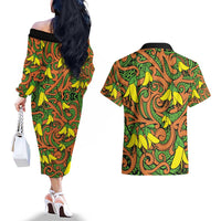New Zealand Kowhai Flowers Couples Matching Off The Shoulder Long Sleeve Dress and Hawaiian Shirt Maori Koru Pattern LT03 - Polynesian Pride