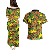 New Zealand Kowhai Flowers Couples Matching Puletasi and Hawaiian Shirt Maori Koru Pattern LT03 - Polynesian Pride