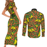 New Zealand Kowhai Flowers Couples Matching Short Sleeve Bodycon Dress and Long Sleeve Button Shirt Maori Koru Pattern LT03 - Polynesian Pride