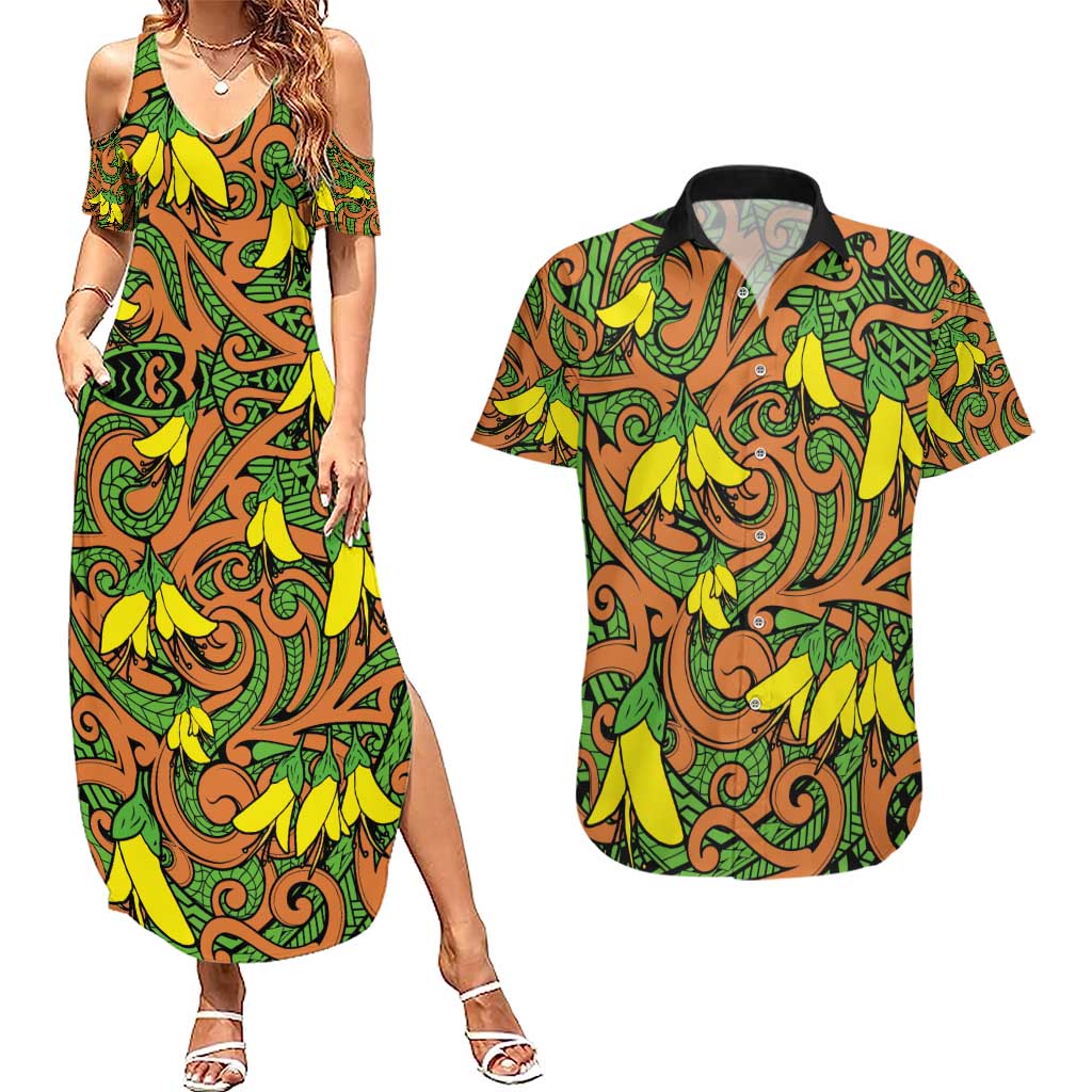 New Zealand Kowhai Flowers Couples Matching Summer Maxi Dress and Hawaiian Shirt Maori Koru Pattern LT03 Orange - Polynesian Pride