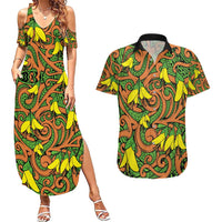 New Zealand Kowhai Flowers Couples Matching Summer Maxi Dress and Hawaiian Shirt Maori Koru Pattern LT03 Orange - Polynesian Pride