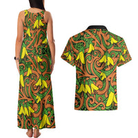 New Zealand Kowhai Flowers Couples Matching Tank Maxi Dress and Hawaiian Shirt Maori Koru Pattern LT03 - Polynesian Pride