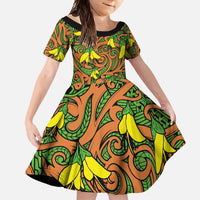 New Zealand Kowhai Flowers Family Matching Long Sleeve Bodycon Dress and Hawaiian Shirt Maori Koru Pattern LT03 Daughter's Dress Orange - Polynesian Pride