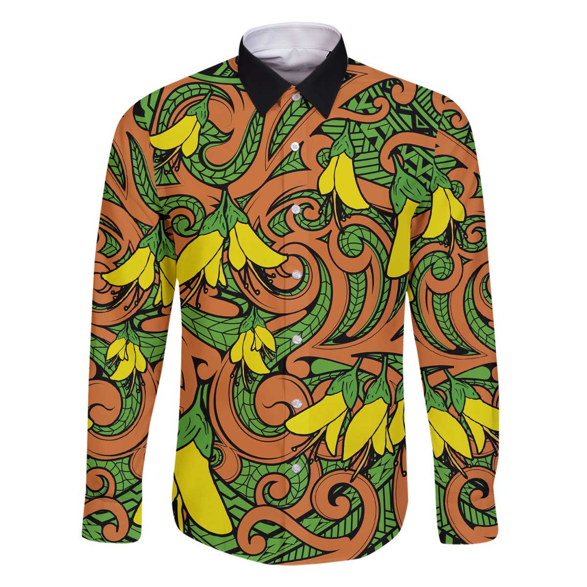 New Zealand Kowhai Flowers Family Matching Off The Shoulder Long Sleeve Dress and Hawaiian Shirt Maori Koru Pattern LT03 Dad's Shirt - Long Sleeve Orange - Polynesian Pride