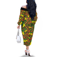 New Zealand Kowhai Flowers Family Matching Off The Shoulder Long Sleeve Dress and Hawaiian Shirt Maori Koru Pattern LT03 - Polynesian Pride