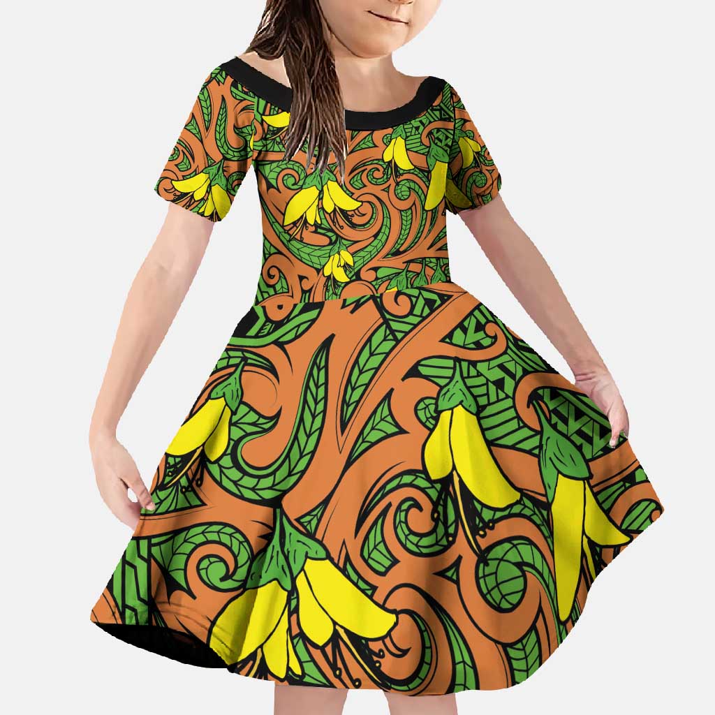 New Zealand Kowhai Flowers Family Matching Off Shoulder Maxi Dress and Hawaiian Shirt Maori Koru Pattern LT03 Daughter's Dress Orange - Polynesian Pride
