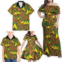 New Zealand Kowhai Flowers Family Matching Off Shoulder Maxi Dress and Hawaiian Shirt Maori Koru Pattern LT03 - Polynesian Pride