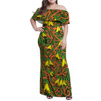 New Zealand Kowhai Flowers Family Matching Off Shoulder Maxi Dress and Hawaiian Shirt Maori Koru Pattern LT03 Mom's Dress Orange - Polynesian Pride