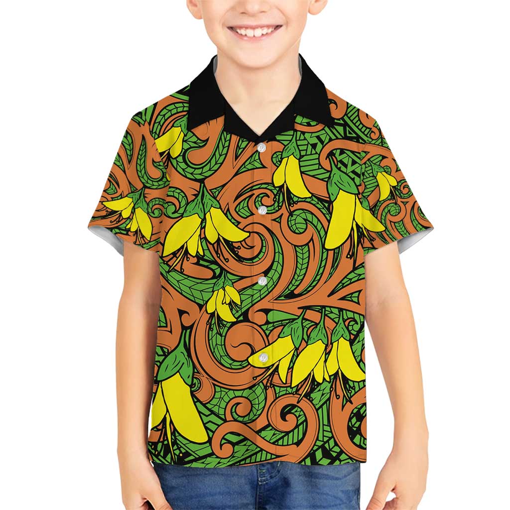 New Zealand Kowhai Flowers Family Matching Off Shoulder Maxi Dress and Hawaiian Shirt Maori Koru Pattern LT03 Son's Shirt Orange - Polynesian Pride