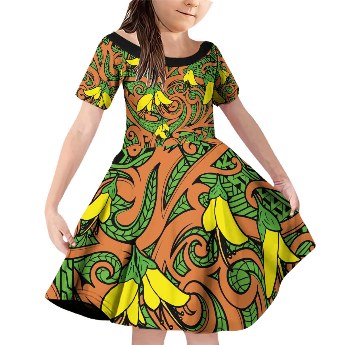 New Zealand Kowhai Flowers Family Matching Off Shoulder Short Dress and Hawaiian Shirt Maori Koru Pattern LT03 Daughter's Dress Orange - Polynesian Pride