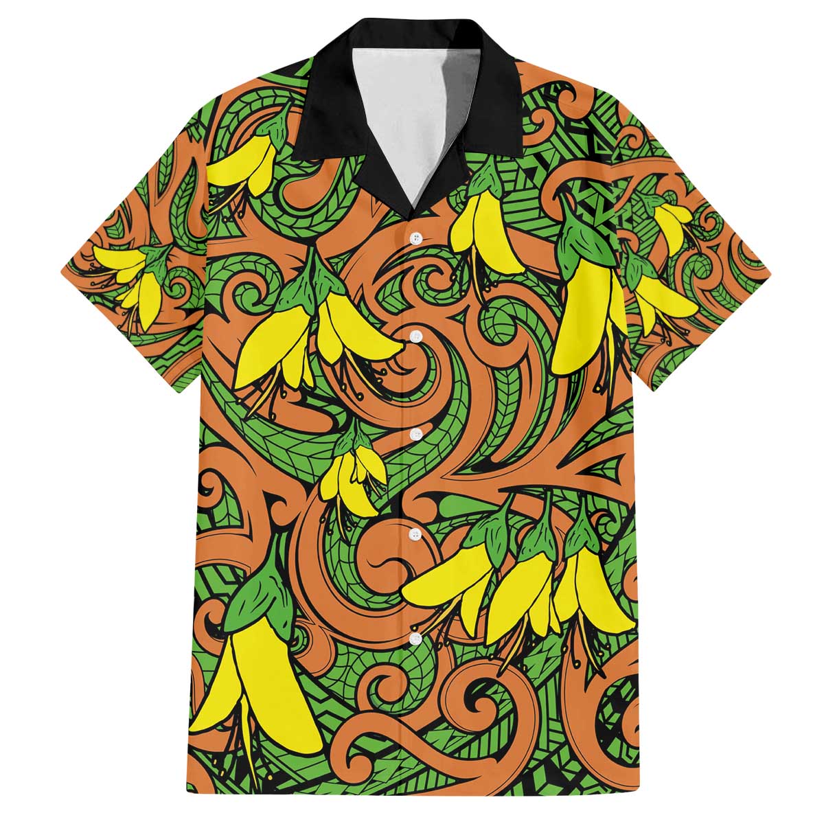 New Zealand Kowhai Flowers Family Matching Off Shoulder Short Dress and Hawaiian Shirt Maori Koru Pattern LT03 Dad's Shirt - Short Sleeve Orange - Polynesian Pride
