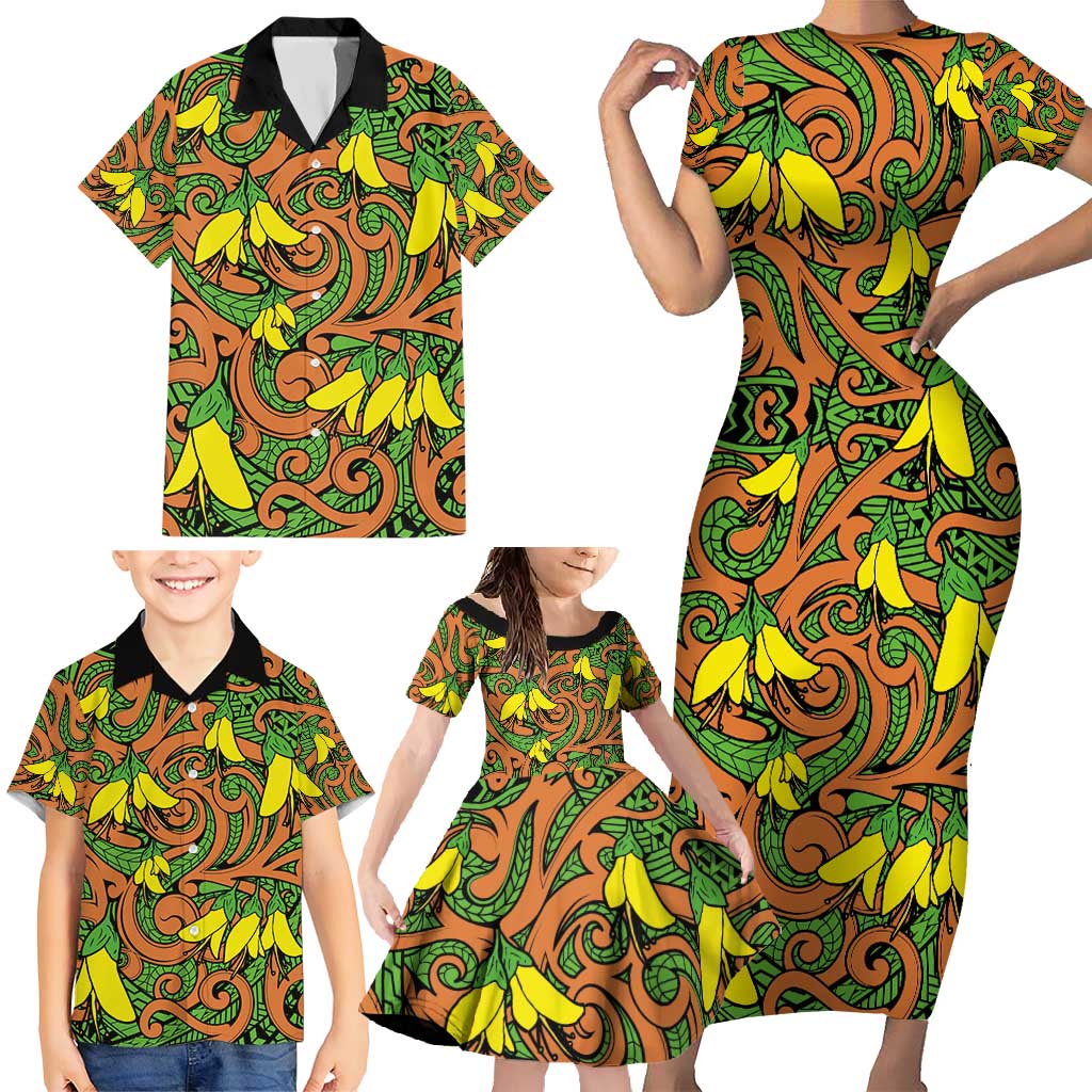 New Zealand Kowhai Flowers Family Matching Short Sleeve Bodycon Dress and Hawaiian Shirt Maori Koru Pattern LT03 - Polynesian Pride