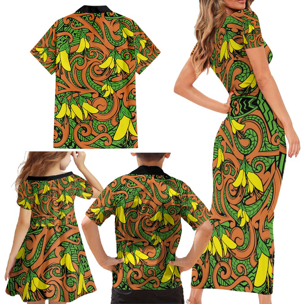 New Zealand Kowhai Flowers Family Matching Short Sleeve Bodycon Dress and Hawaiian Shirt Maori Koru Pattern LT03 - Polynesian Pride