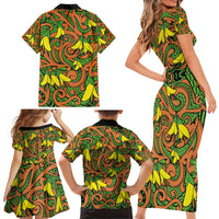New Zealand Kowhai Flowers Family Matching Short Sleeve Bodycon Dress and Hawaiian Shirt Maori Koru Pattern LT03 - Polynesian Pride