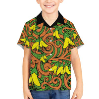 New Zealand Kowhai Flowers Family Matching Short Sleeve Bodycon Dress and Hawaiian Shirt Maori Koru Pattern LT03 Son's Shirt Orange - Polynesian Pride