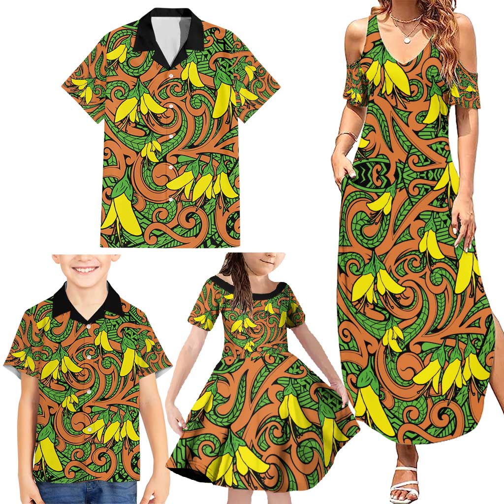 New Zealand Kowhai Flowers Family Matching Summer Maxi Dress and Hawaiian Shirt Maori Koru Pattern LT03 - Polynesian Pride