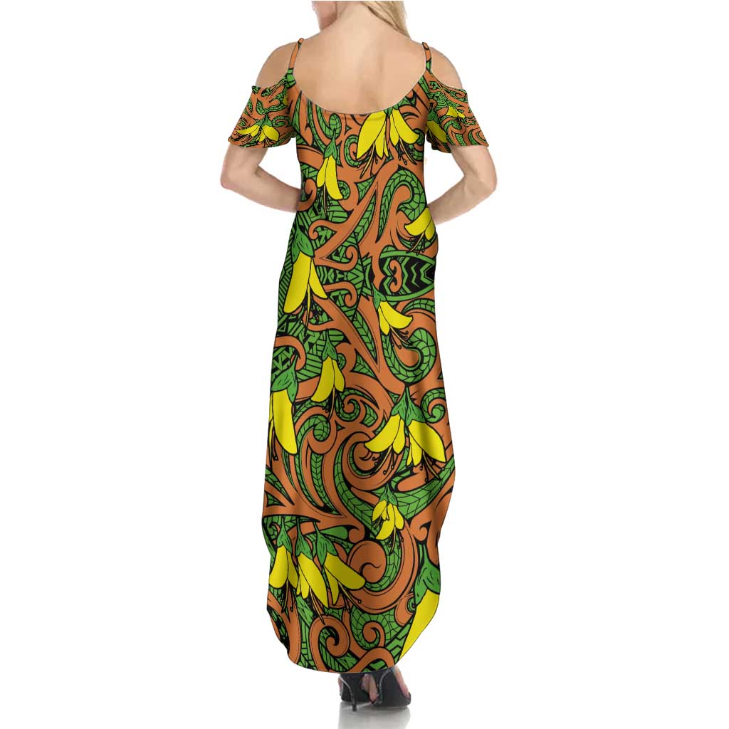 New Zealand Kowhai Flowers Family Matching Summer Maxi Dress and Hawaiian Shirt Maori Koru Pattern LT03 - Polynesian Pride