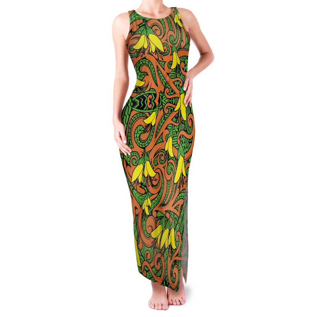 New Zealand Kowhai Flowers Family Matching Tank Maxi Dress and Hawaiian Shirt Maori Koru Pattern LT03 Mom's Dress Orange - Polynesian Pride
