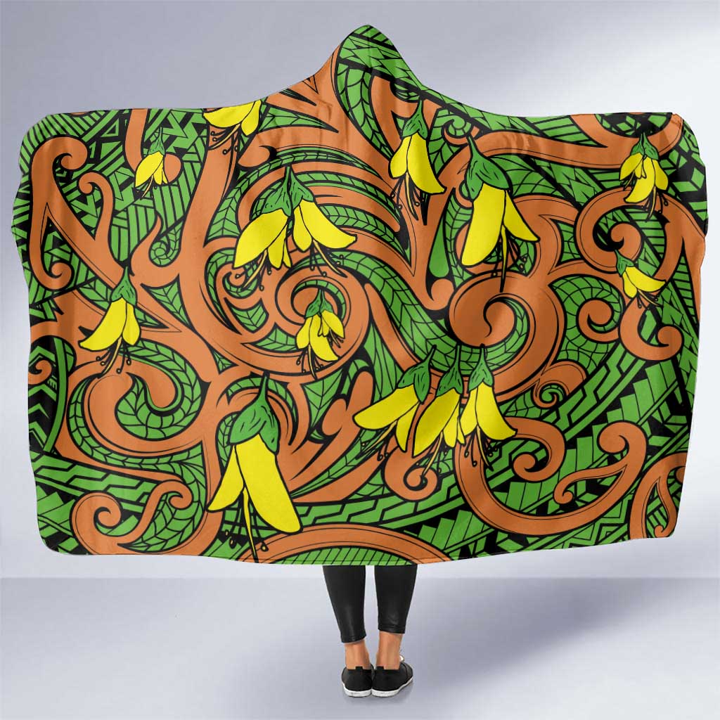 New Zealand Kowhai Flowers Hooded Blanket Maori Koru Pattern LT03 One Size Orange - Polynesian Pride