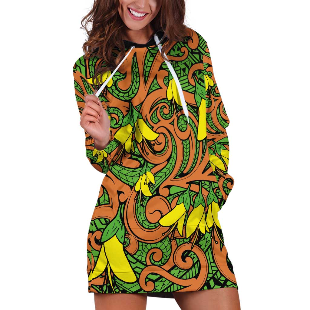 New Zealand Kowhai Flowers Hoodie Dress Maori Koru Pattern LT03 Orange - Polynesian Pride