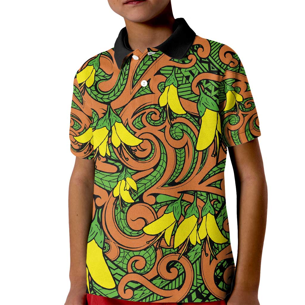 New Zealand Kowhai Flowers Kid Polo Shirt Maori Koru Pattern LT03 Kid Orange - Polynesian Pride