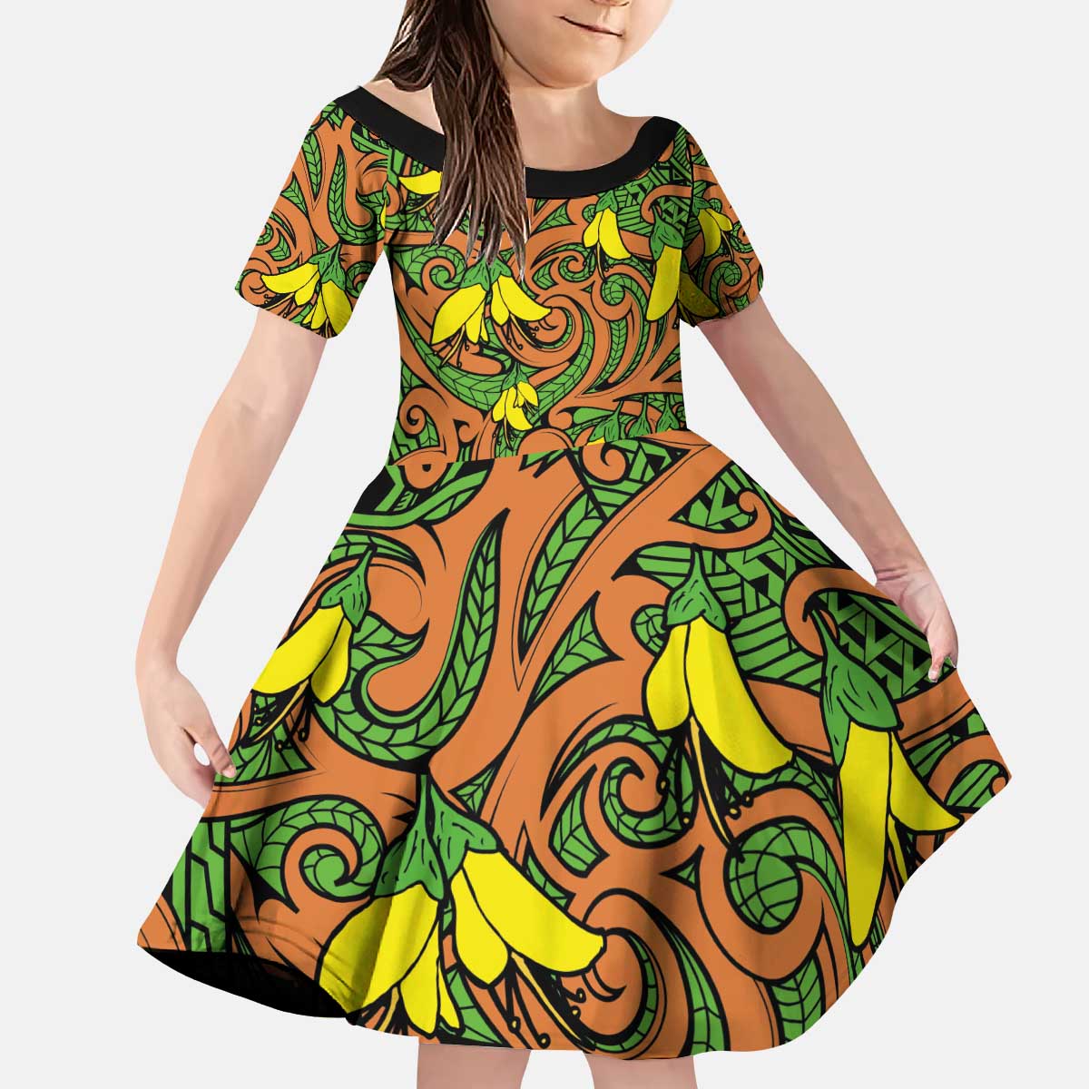 New Zealand Kowhai Flowers Kid Short Sleeve Dress Maori Koru Pattern LT03 KID Orange - Polynesian Pride
