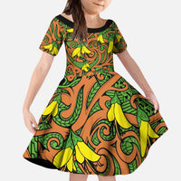 New Zealand Kowhai Flowers Kid Short Sleeve Dress Maori Koru Pattern LT03 KID Orange - Polynesian Pride