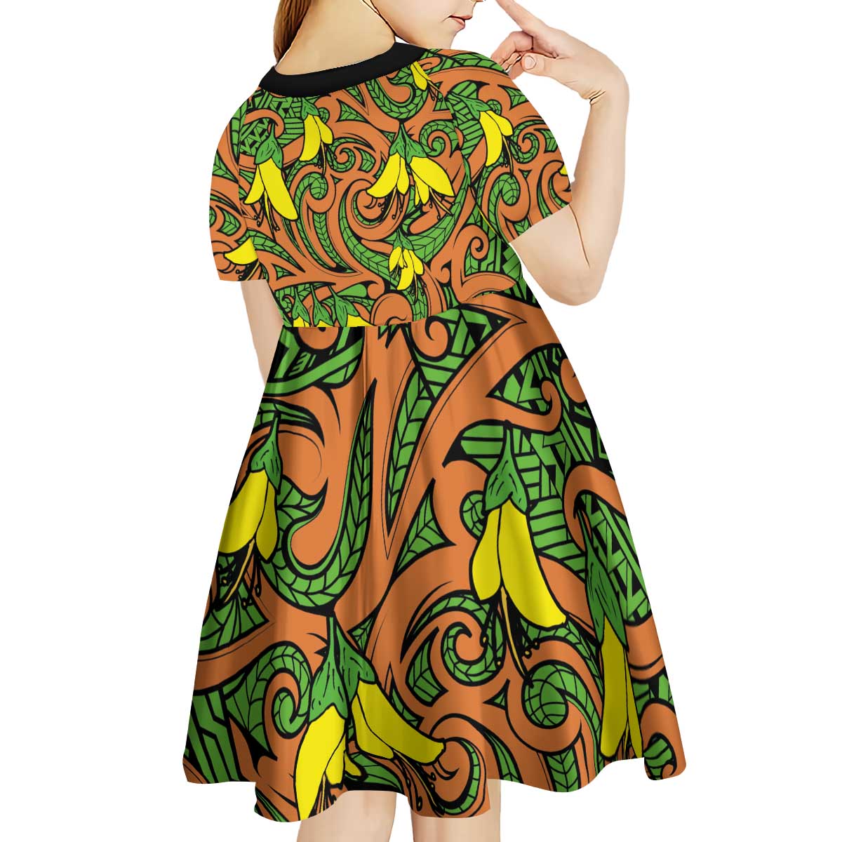 New Zealand Kowhai Flowers Kid Short Sleeve Dress Maori Koru Pattern LT03 - Polynesian Pride