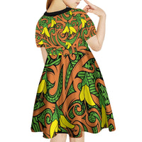 New Zealand Kowhai Flowers Kid Short Sleeve Dress Maori Koru Pattern LT03 - Polynesian Pride