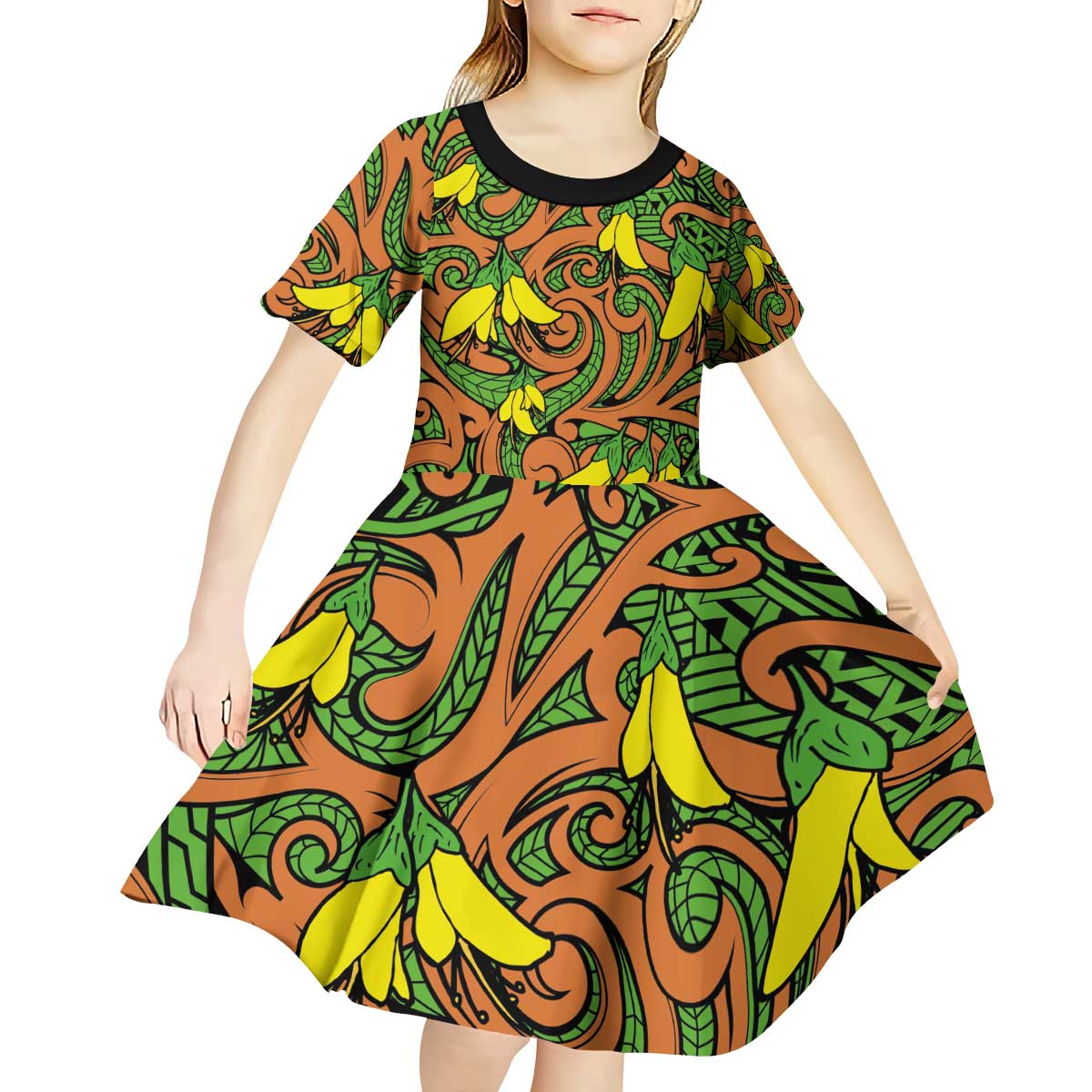 New Zealand Kowhai Flowers Kid Short Sleeve Dress Maori Koru Pattern LT03 - Polynesian Pride