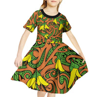 New Zealand Kowhai Flowers Kid Short Sleeve Dress Maori Koru Pattern LT03 - Polynesian Pride