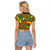 New Zealand Kowhai Flowers Raglan Cropped T Shirt Maori Koru Pattern