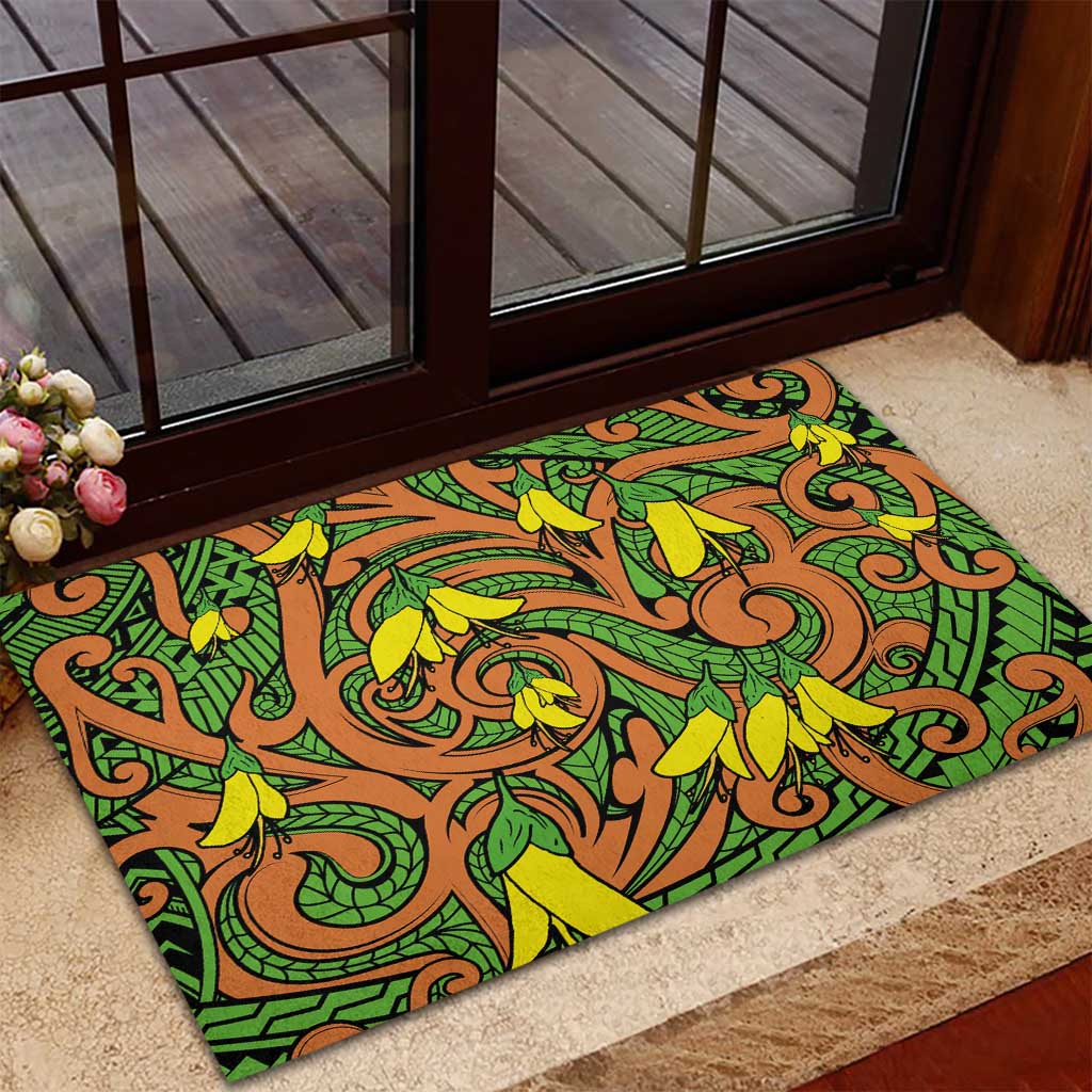 New Zealand Kowhai Flowers Rubber Doormat Maori Koru Pattern