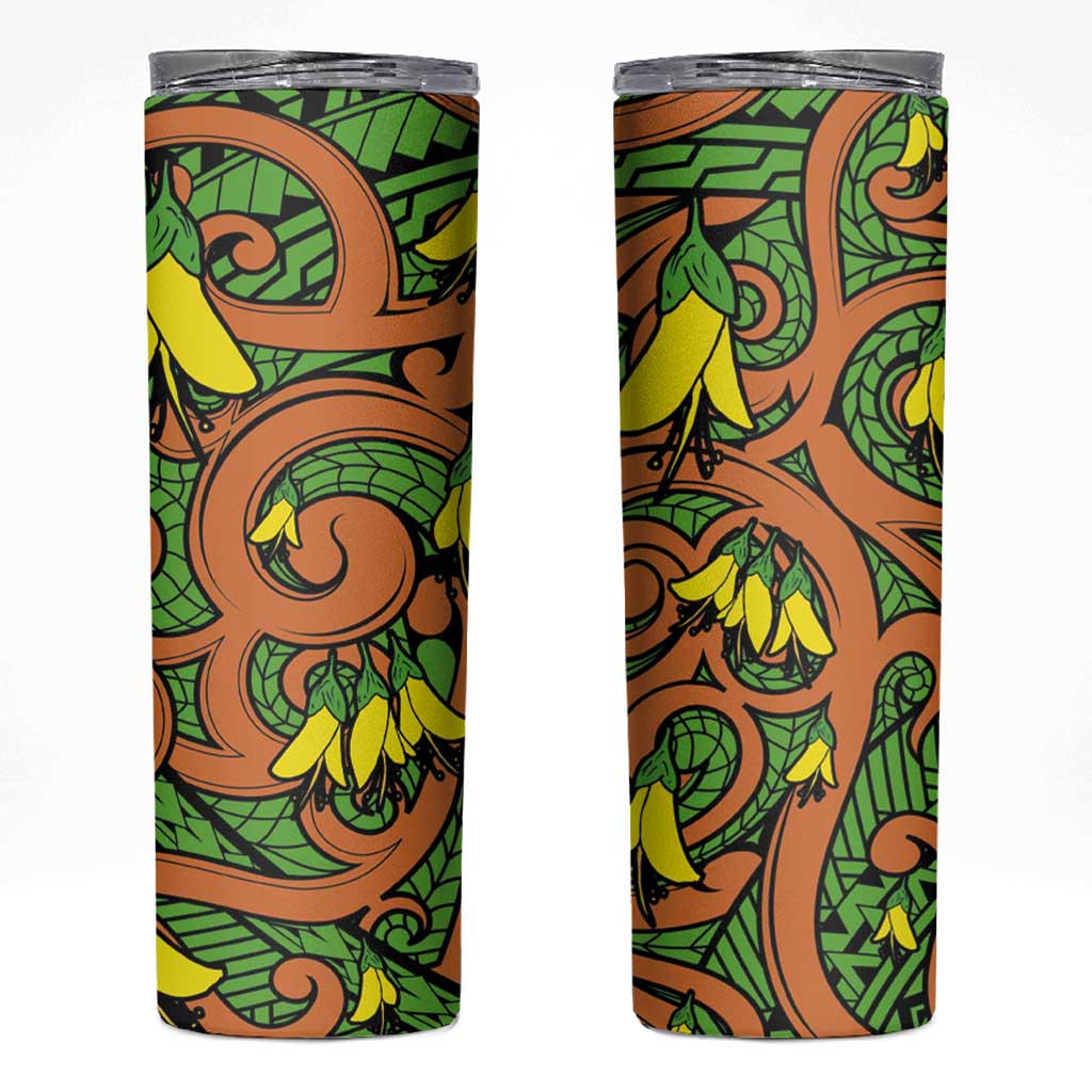 New Zealand Kowhai Flowers Skinny Tumbler Maori Koru Pattern LT03 Orange - Polynesian Pride