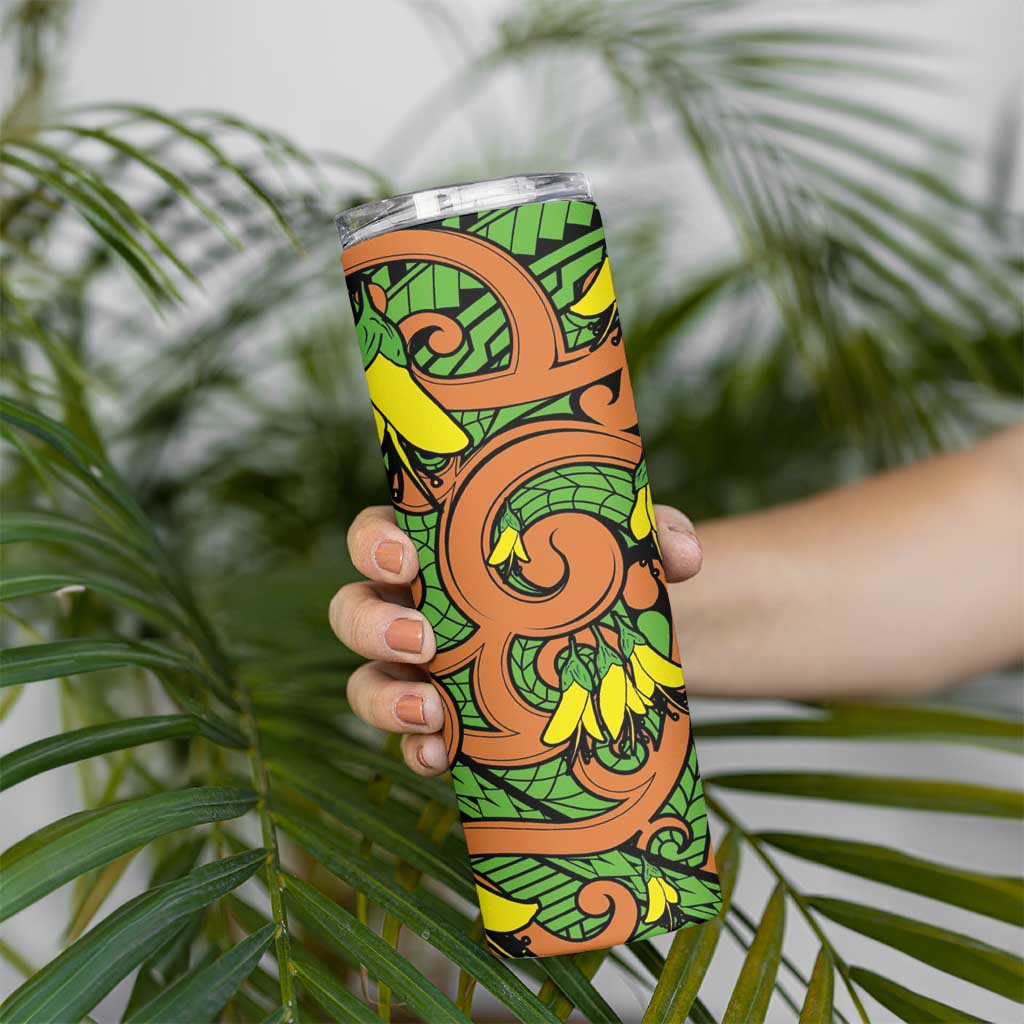 New Zealand Kowhai Flowers Skinny Tumbler Maori Koru Pattern LT03 - Polynesian Pride