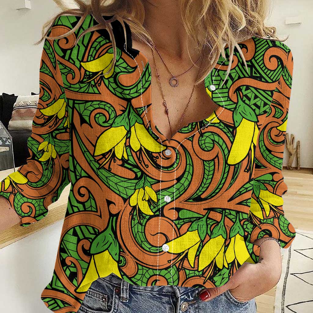 New Zealand Kowhai Flowers Women Casual Shirt Maori Koru Pattern LT03 Female Orange - Polynesian Pride