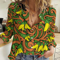 New Zealand Kowhai Flowers Women Casual Shirt Maori Koru Pattern LT03 Female Orange - Polynesian Pride