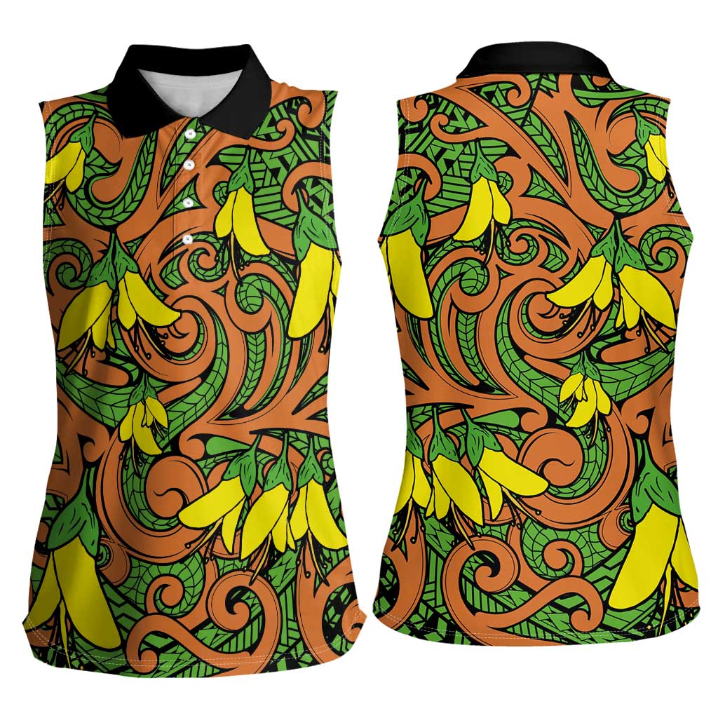 New Zealand Kowhai Flowers Women Sleeveless Polo Shirt Maori Koru Pattern LT03 - Polynesian Pride