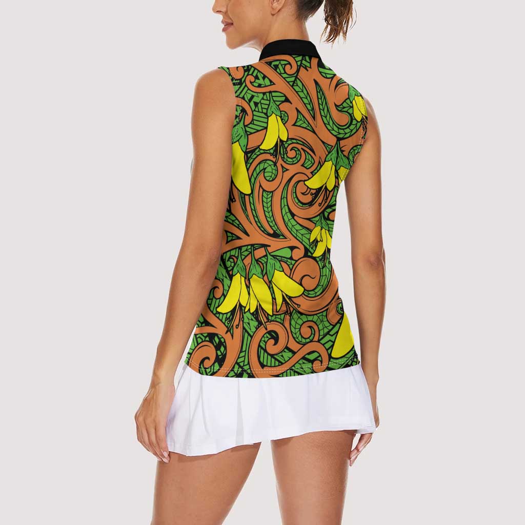 New Zealand Kowhai Flowers Women Sleeveless Polo Shirt Maori Koru Pattern LT03 - Polynesian Pride