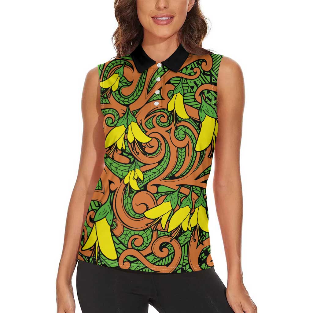 New Zealand Kowhai Flowers Women Sleeveless Polo Shirt Maori Koru Pattern LT03 - Polynesian Pride