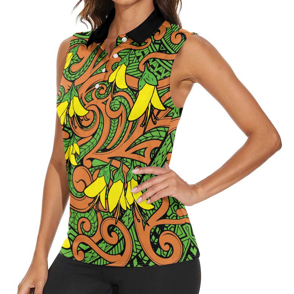 New Zealand Kowhai Flowers Women Sleeveless Polo Shirt Maori Koru Pattern LT03 - Polynesian Pride