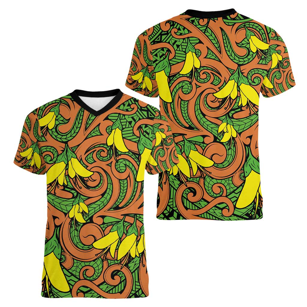 New Zealand Kowhai Flowers Women V-Neck T-Shirt Maori Koru Pattern LT03 - Polynesian Pride