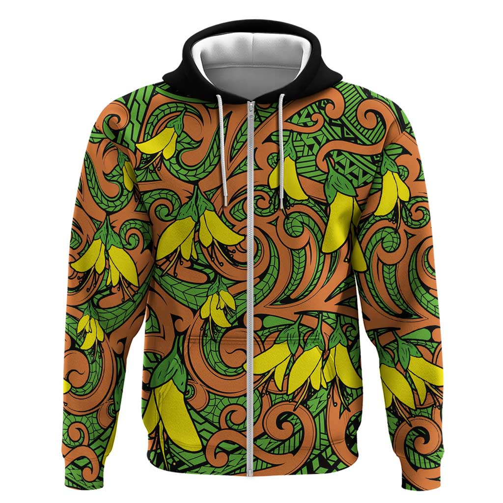 New Zealand Kowhai Flowers Zip Hoodie Maori Koru Pattern LT03 Zip Hoodie Orange - Polynesian Pride