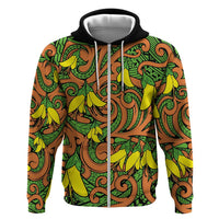 New Zealand Kowhai Flowers Zip Hoodie Maori Koru Pattern LT03 Zip Hoodie Orange - Polynesian Pride