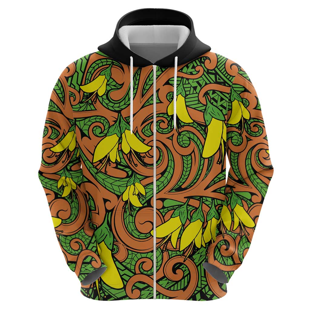 New Zealand Kowhai Flowers Zip Hoodie Maori Koru Pattern LT03 - Polynesian Pride
